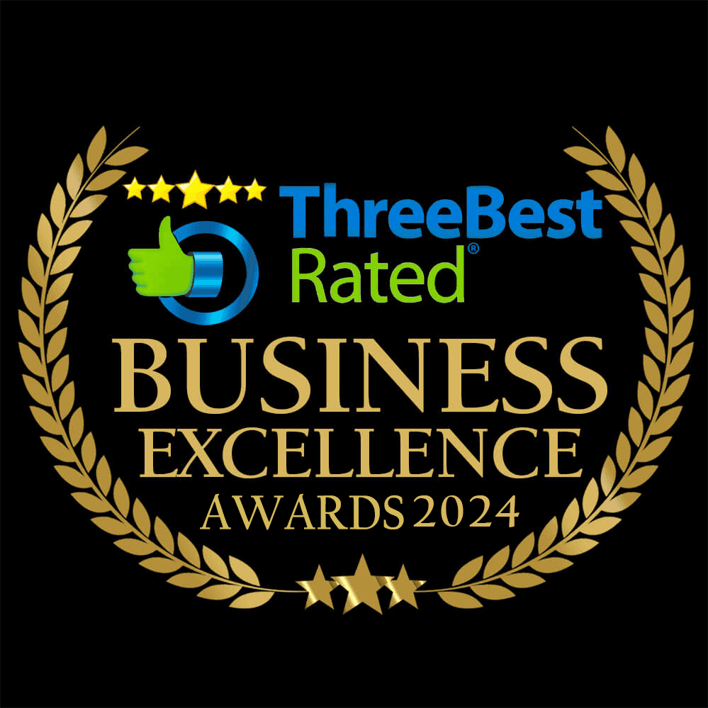A gold laurel wreath badge for the 2024 ThreeBest Rated Business Excellence Awards.