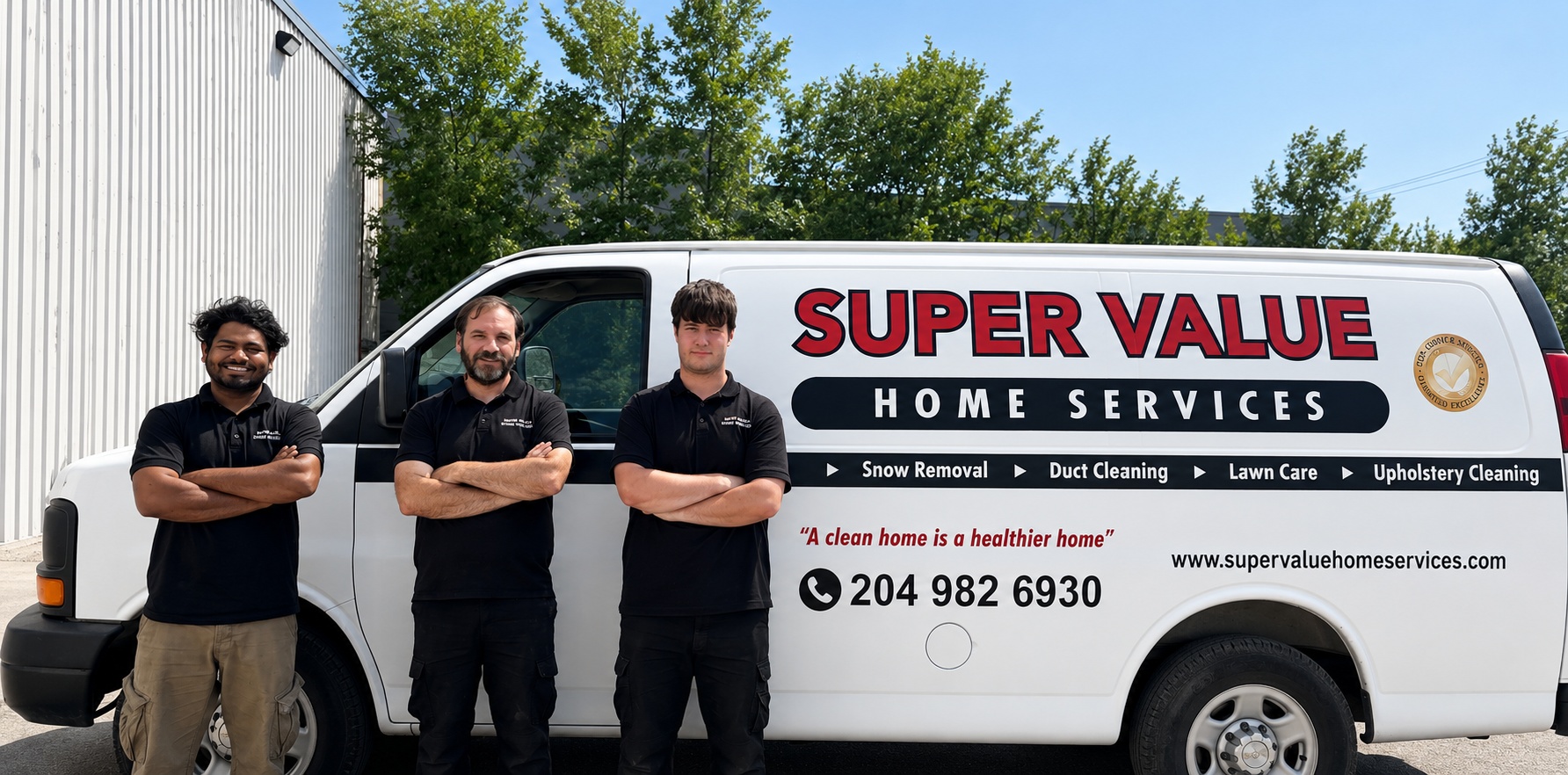 Three smiling staff members stand confidently in front of a branded white van for 'Super Value Home Services', showcasing their cleaning and home maintenance offerings.