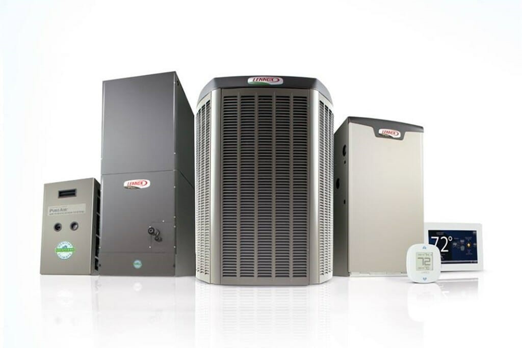 A lineup of Lennox brand heating and cooling equipment with a digital thermostat on a reflective white surface.