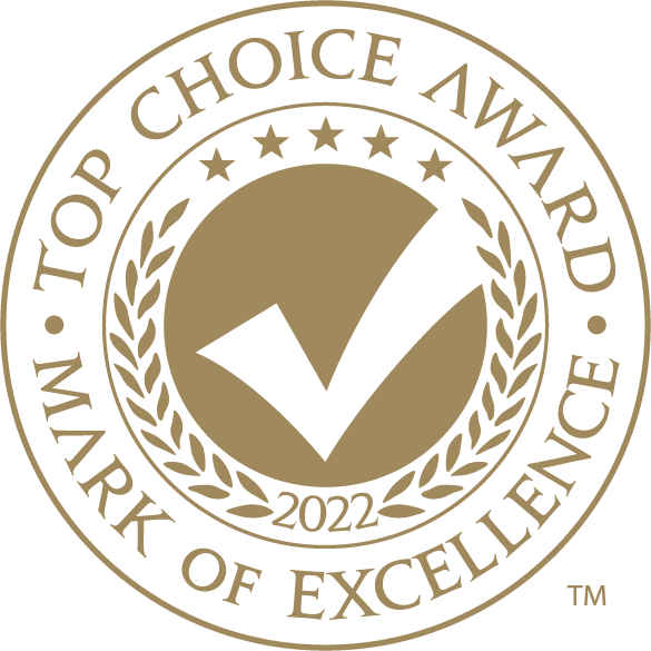 A gold circular seal featuring a checkmark, laurel wreath, and text declaring it the 'Top Choice Award' for excellence in 2022.