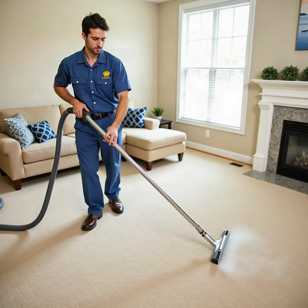 Professional technician steam cleaning a beige wall-to-wall carpet in a bright living room with a hot-water extraction wand, natural daylight, photographic