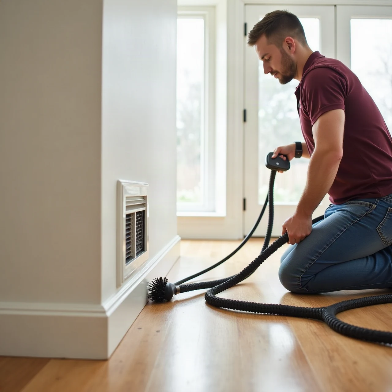 Technician cleaning residential air ducts with a long rotating brush hose at a floor register in a tidy home, photographic, bright
