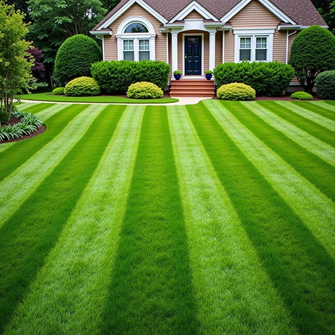 Lush freshly cut green lawn in front of a suburban home in summer with neat mowing stripes, photographic
