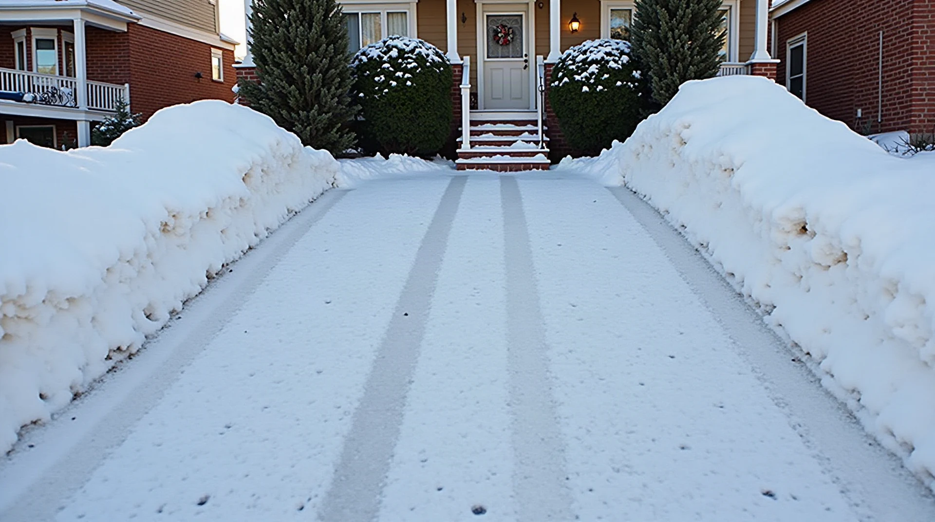 Freshly cleared suburban driveway and front steps after snowfall in a Canadian winter neighbourhood, snow banks along the sides, bright winter morning, photogra