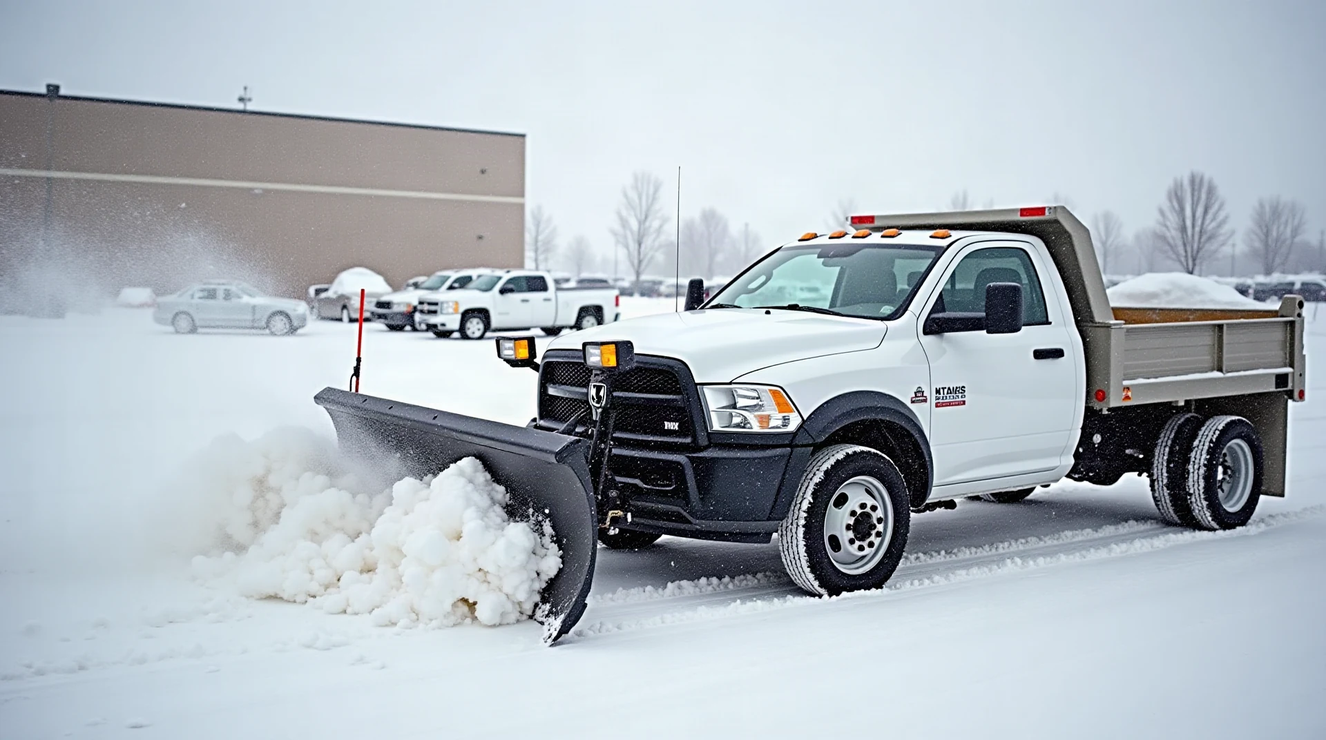 Pickup truck with a snow plow clearing a large parking lot in winter, snow spraying, overcast Canadian prairie city, photographic