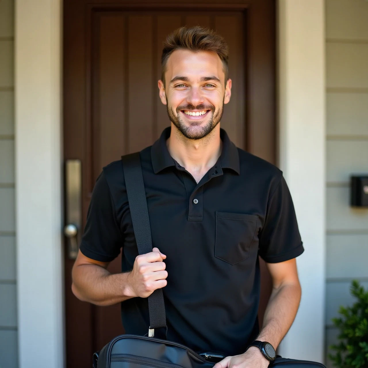 Friendly home service technician in a plain black polo shirt smiling at the front door of a house, holding a cleaning equipment case, warm daylight, photographi
