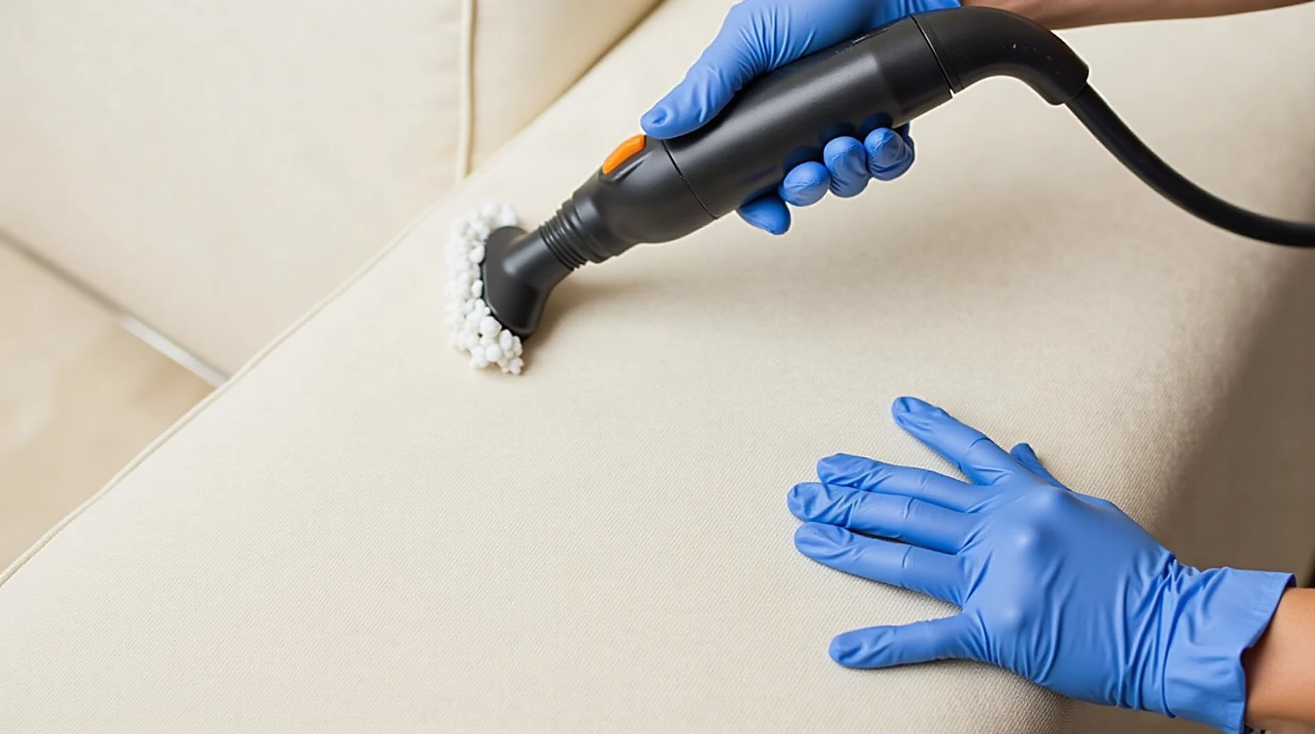 Close-up of gloved hands cleaning a light fabric sofa with an upholstery extraction tool, soft daylight, photographic